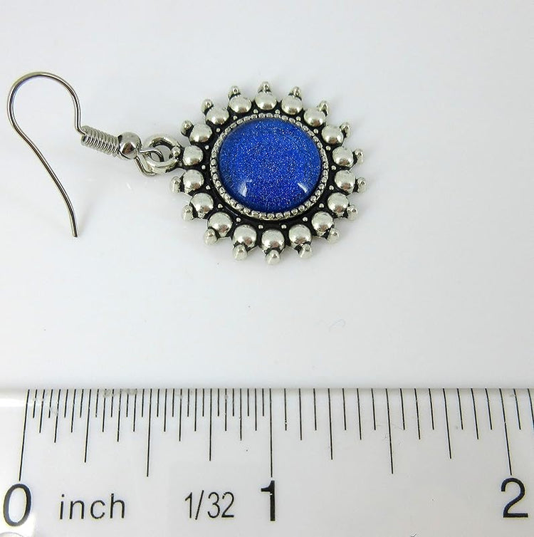 Summerfield Collection Antiqued Silver-tone Royal Blue Glitter Glass Dangle Earrings Hand-painted