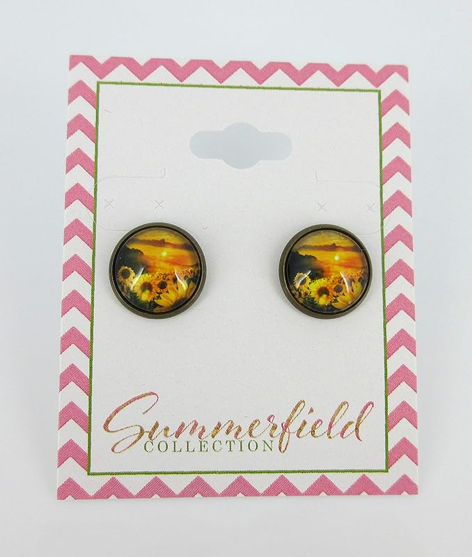Summerfield Collection Antiqued Gold-tone Sunset Sunflower Print Glass Stud Earrings 12mm