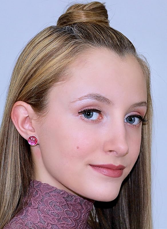 Summerfield Collection Silver-tone Duo Stud Earrings Teal Blue Green and Hot Pink Glitter Glass Set 12mm Hand-painted