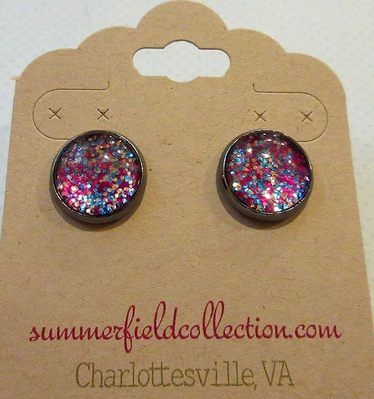 Summerfield Collection Hematite-tone Magenta Pink Confetti Glitter Glass Stud Earrings Hand-painted 12mm
