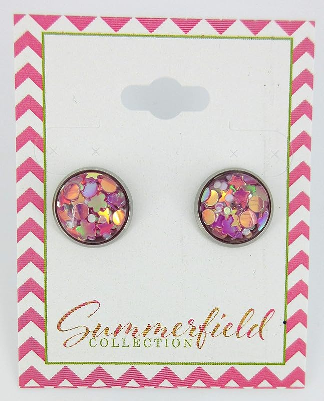 Summerfield Collection Stainless Steel Glitter Resin Globe Stud Earrings 12mm (Magenta)