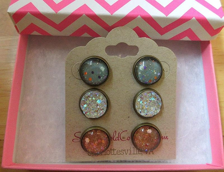 Summerfield Collection Trio Antiqued Gold-tone Stud Earrings Blue Orange Glitter Glass Clear AB Faux Druzy Stone Set 12mm