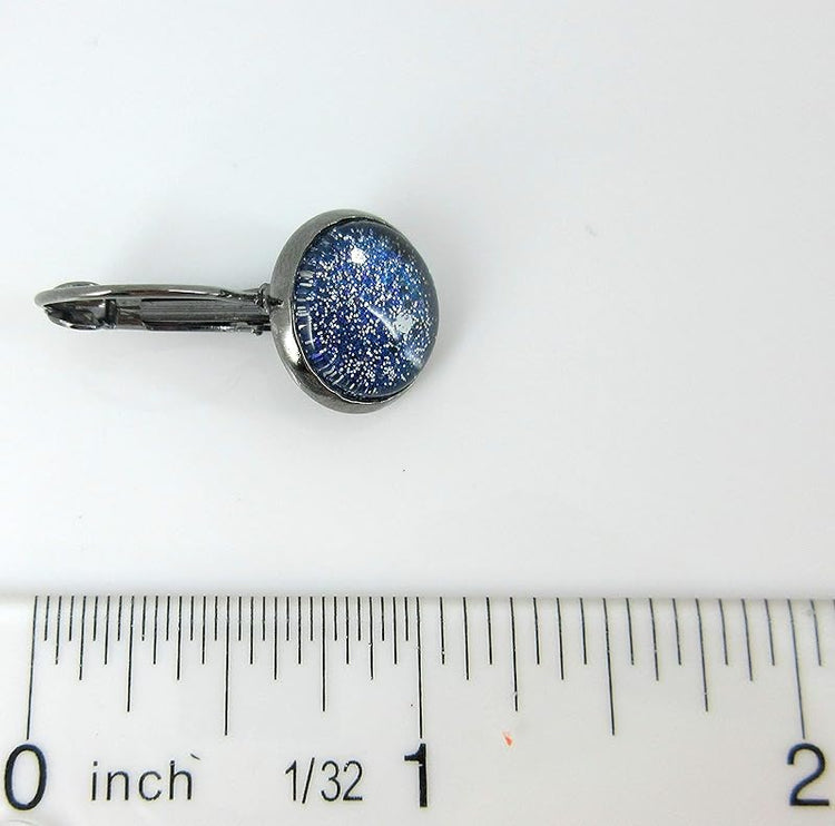 Summerfield Collection Hematite-tone Blue Silver Black Glitter Glass Galaxy Lever-back Drop Earrings Hand-painted