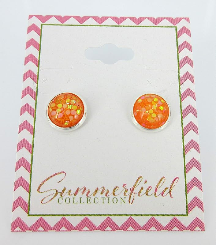 Summerfield Collection Shiny Silver-tone Iridescent Glitter Resin Stud Earrings 10mm (Orange)