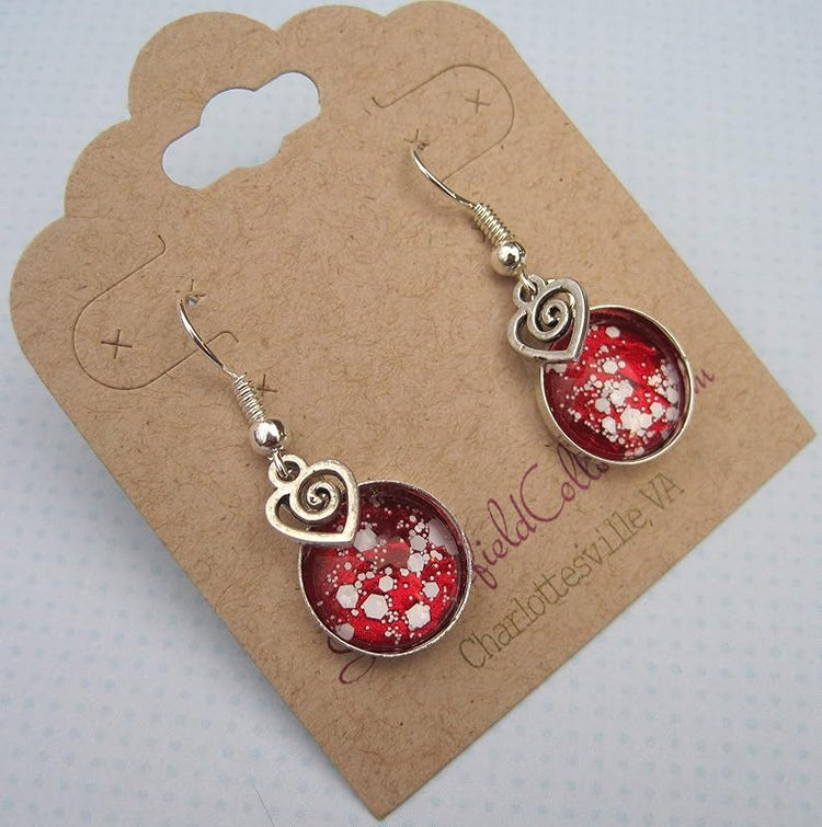 Summerfield Collection Silver-tone Red and White Glitter Glass Swirl Heart Charm Dangle Earrings Hand-painted
