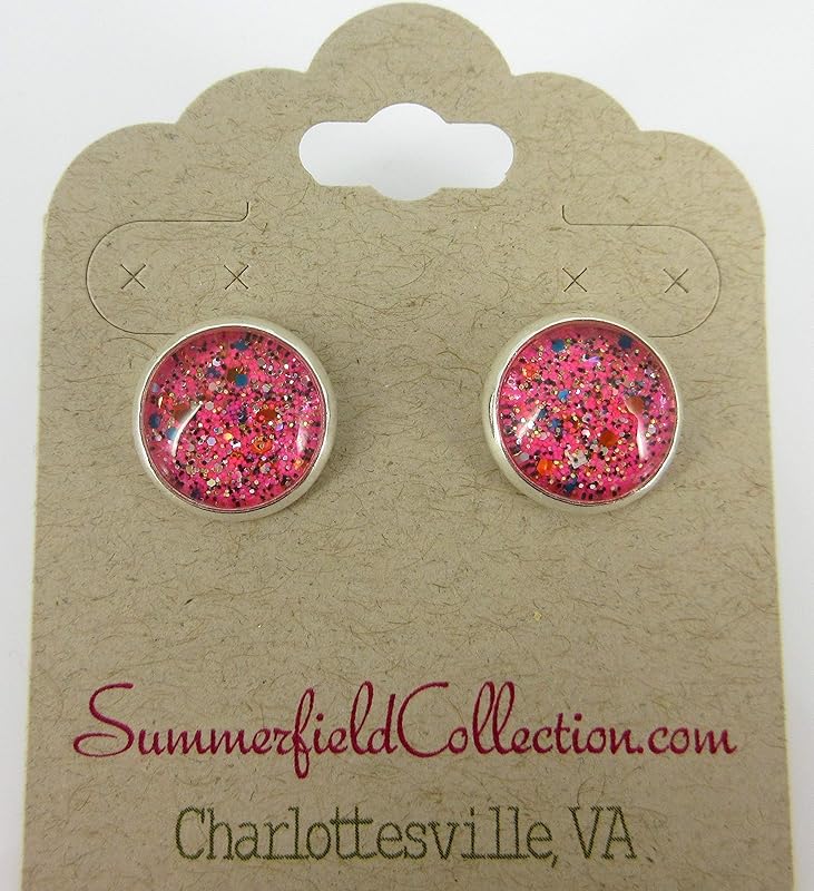 Summerfield Collection Silver-tone Hot Pink and Multi Color Glitter Glass Stud Earrings Hand-painted 12mm