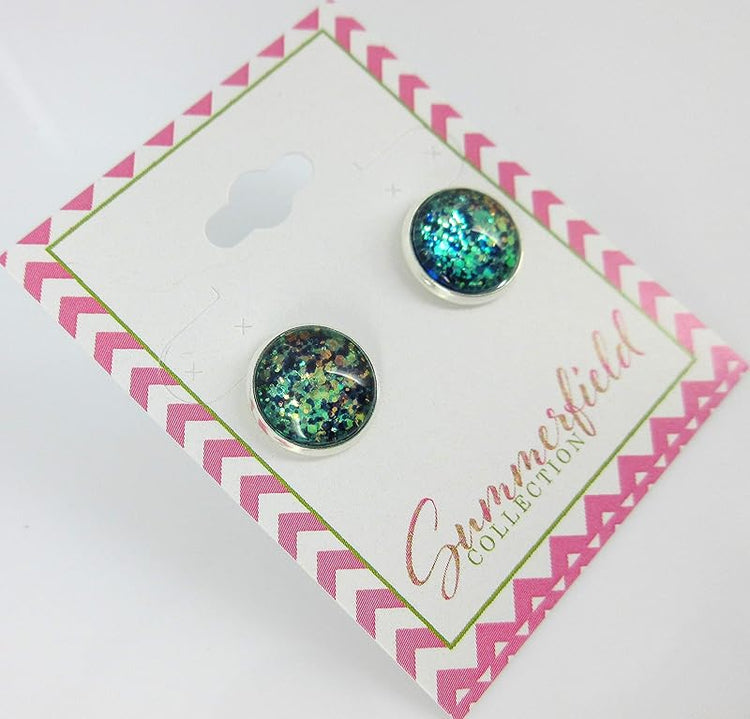 Summerfield Collection Silver-tone Mermaid Tail Glitter Glass Stud Earrings Hand-painted 12mm