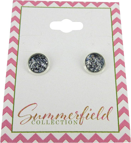 Summerfield Collection Silver-tone Black and Silver Flake Glitter Glass Stud Earrings Hand-painted 8mm