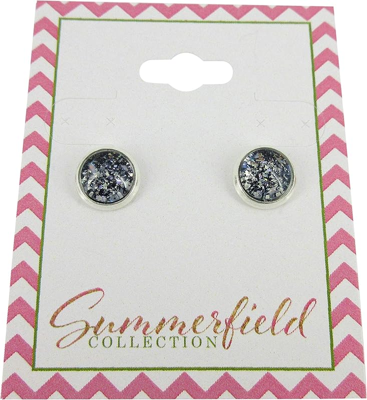 Summerfield Collection Silver-tone Black and Silver Flake Glitter Glass Stud Earrings Hand-painted 8mm