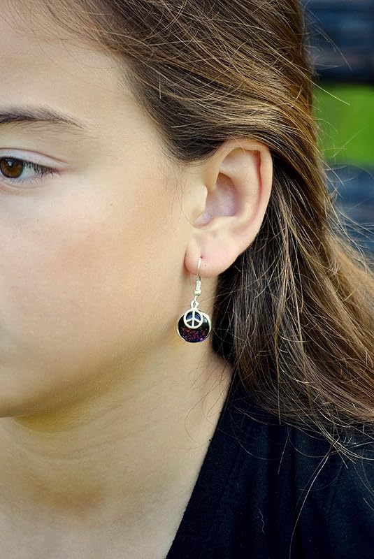 Summerfield Collection Silver-tone Black Rainbow Duochrome Flake Glitter Glass Peace Sign Charm Dangle Earrings