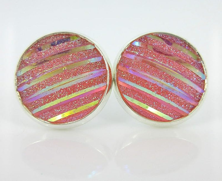 Summerfield Collection Silver-tone Frosted Metallic Stripe Stud Earrings 12mm (Light Pink AB)