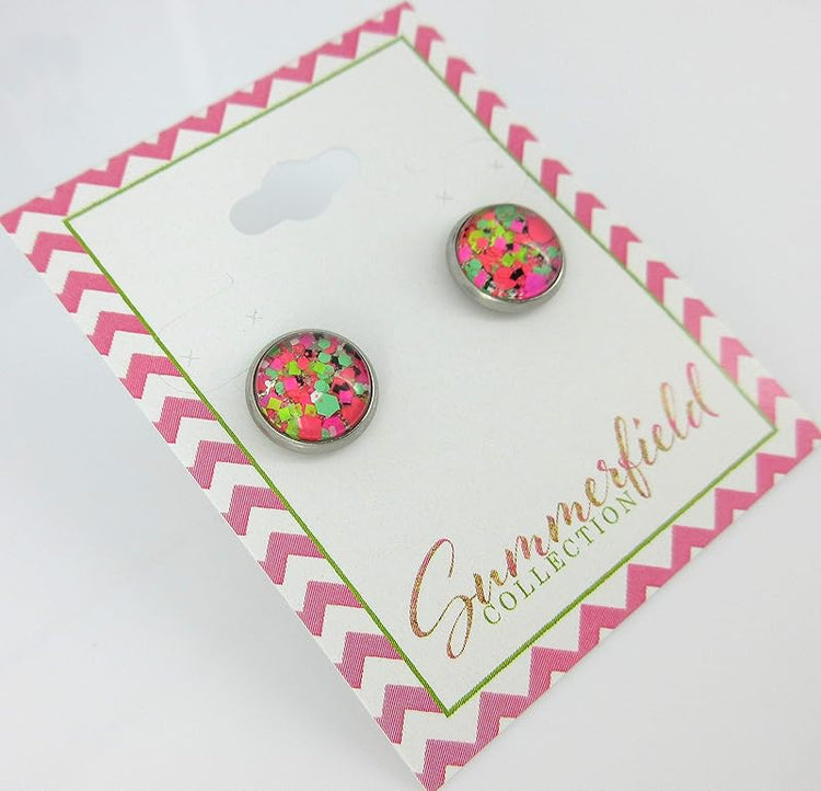 Summerfield Collection Stainless Steel Neon Party Glitter Glass Stud Earrings Hand-painted 10mm
