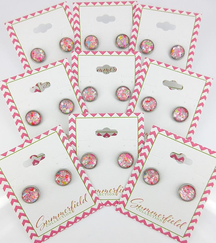 Summerfield Collection Stainless Steel Happy Confetti Glitter Glass Stud Earrings Hand-painted 10mm