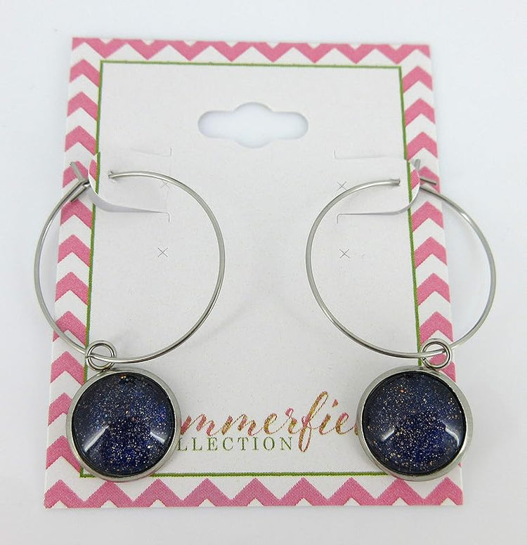 Summerfield Collection Stainless Steel Dark Purple and Gold Glitter Glass Charm Hoop Earrings Hand-painted 1"
