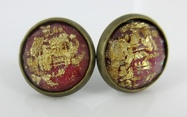 Summerfield Collection Trio Antiqued Gold-tone Leaf Foil Faceted Resin Stud Earrings Set 12mm (Red/Navy Blue/White)