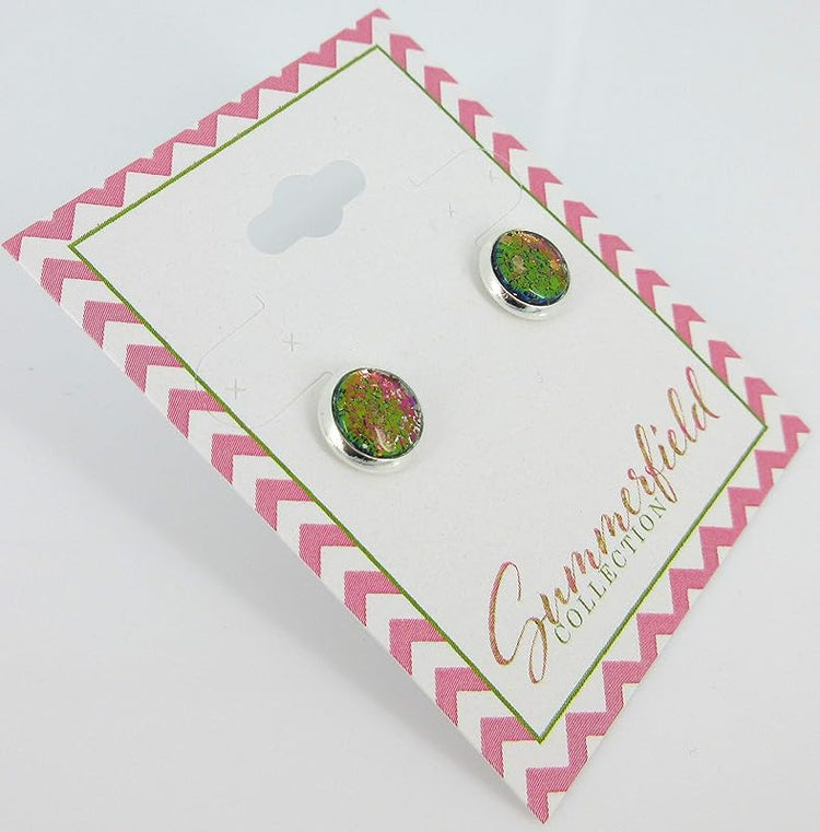 Summerfield Collection Silver-tone Hot Pink Green Gold Blue Glitter Glass Stud Earrings Hand-painted 8mm