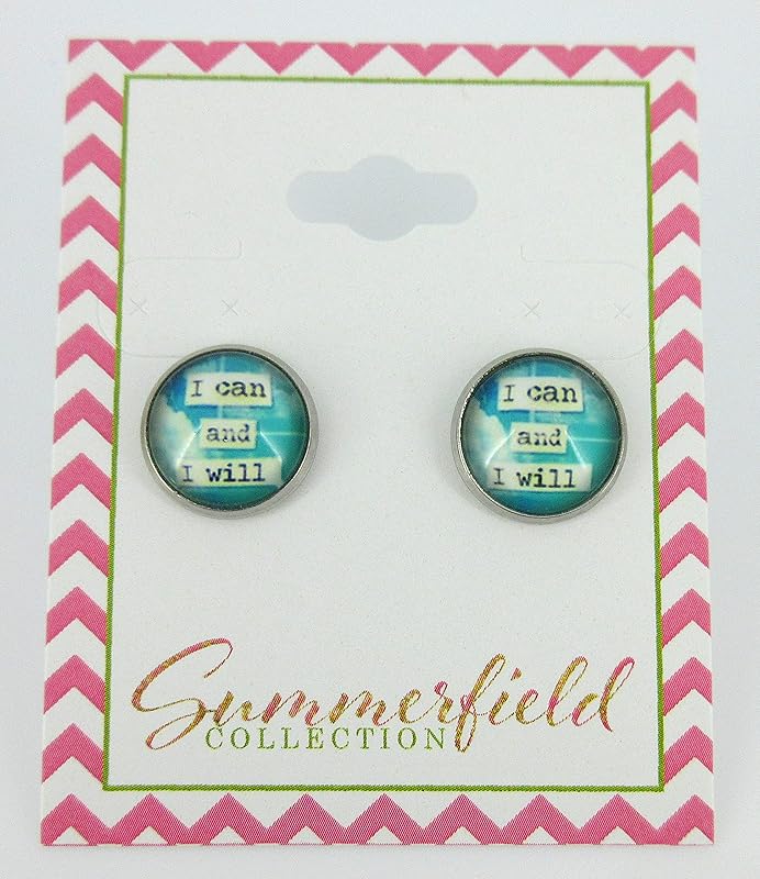 Summerfield Collection Stainless Steel I Can and I Will Print Glass Stud Earrings 12mm Blue