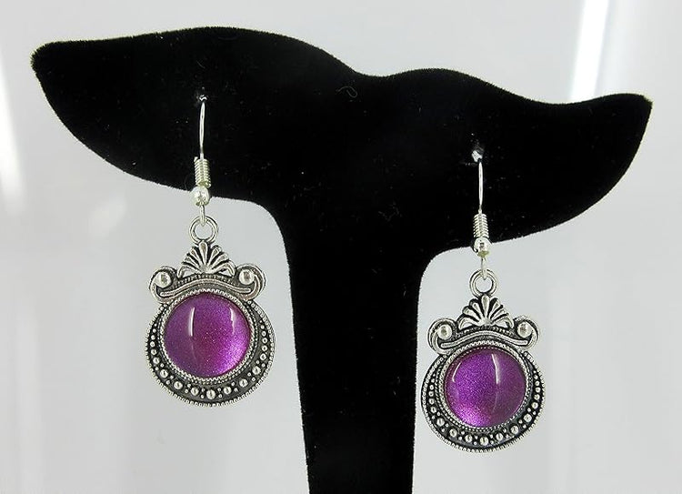 Summerfield Collection Antiqued Silver-tone Metallic Purple Shimmer Glass Dangle Earrings Hand-painted