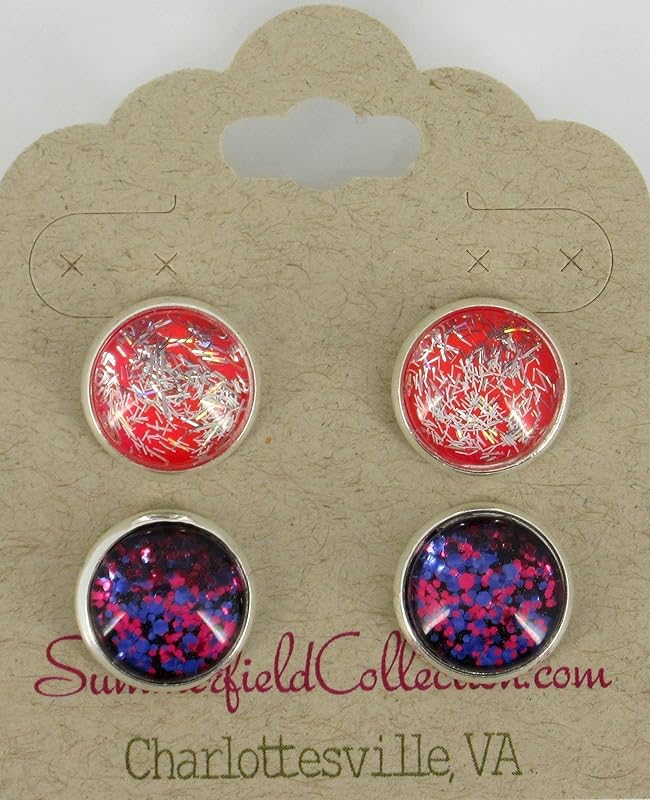 Summerfield Collection Duo Silver-tone Stud Earrings Neon Bar and Purple Pink Black Glitter Glass 12mm Hand-painted