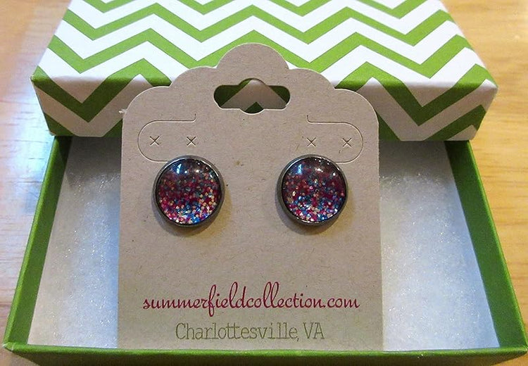 Summerfield Collection Hematite-tone Magenta Pink Confetti Glitter Glass Stud Earrings Hand-painted 12mm