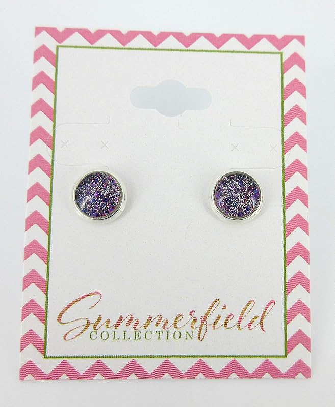 Summerfield Collection Silver-tone Purple Blue Gold Green Glitter Glass Stud Earrings Hand-painted 8mm