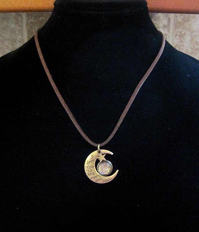 Summerfield Collection Antiqued Gold-Tone Glitter Glass I Love You to the Moon and Back Pendant Necklace Brown Faux Suede