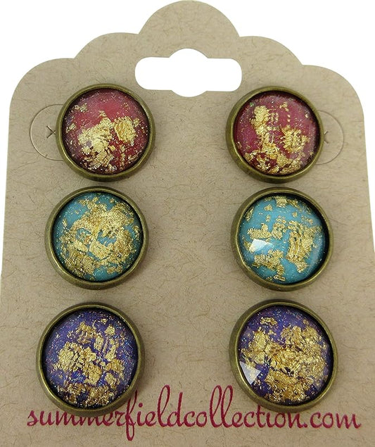 Summerfield Collection Trio Antiqued Gold-tone Leaf Foil Faceted Resin Stud Earrings Set 12mm (Red/Aqua Blue/Purple)