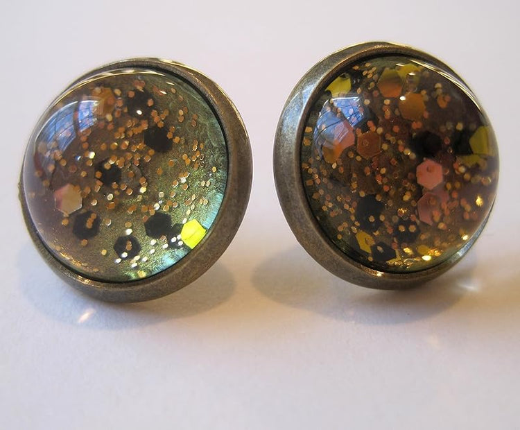 Summerfield Collection Antiqued Gold-tone Black and Silver Glitter Glass Stud Earrings Hand-painted 12mm