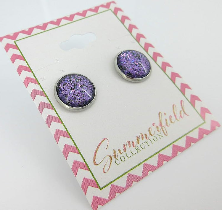 Summerfield Collection Stainless Steel Purple Holographic Glitter Glass Stud Earrings Hand-painted 12mm