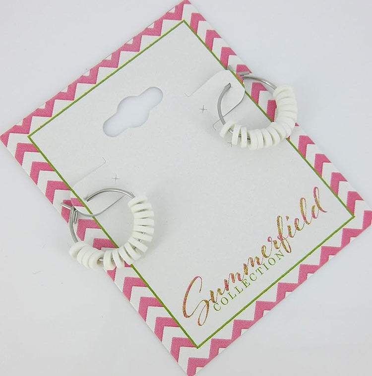 Summerfield Collection 15mm Stainless Steel Polymer Clay Katsuki Bead Hoop Earrings (White)