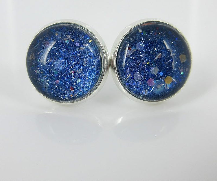 Summerfield Collection Trio Silver-tone Stud Earrings Blue Yellow and Black Confetti Glitter Glass Set 12mm Hand-painted