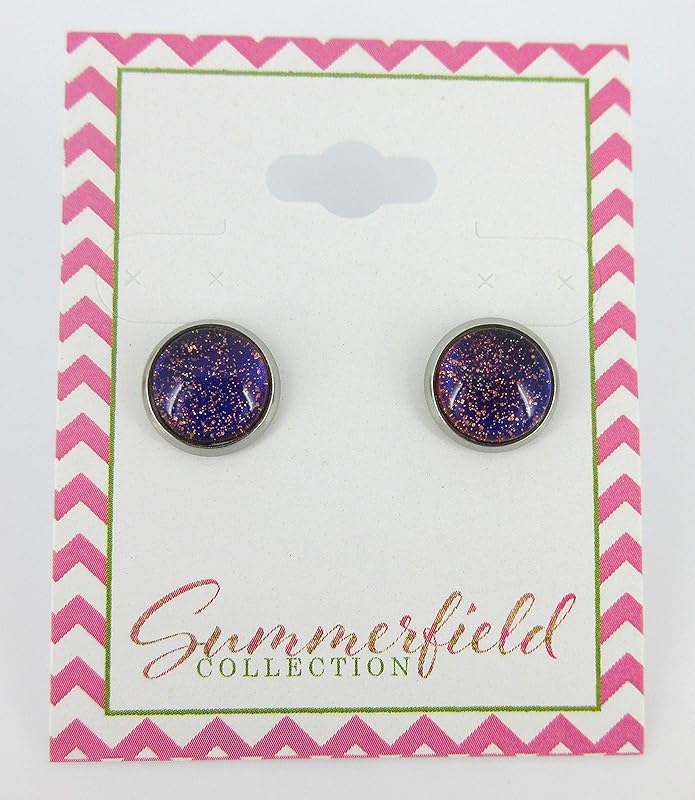 Summerfield Collection Stainless Steel Blue Red Purple and Gold Glitter Glass Stud Earrings Hand-painted 10mm