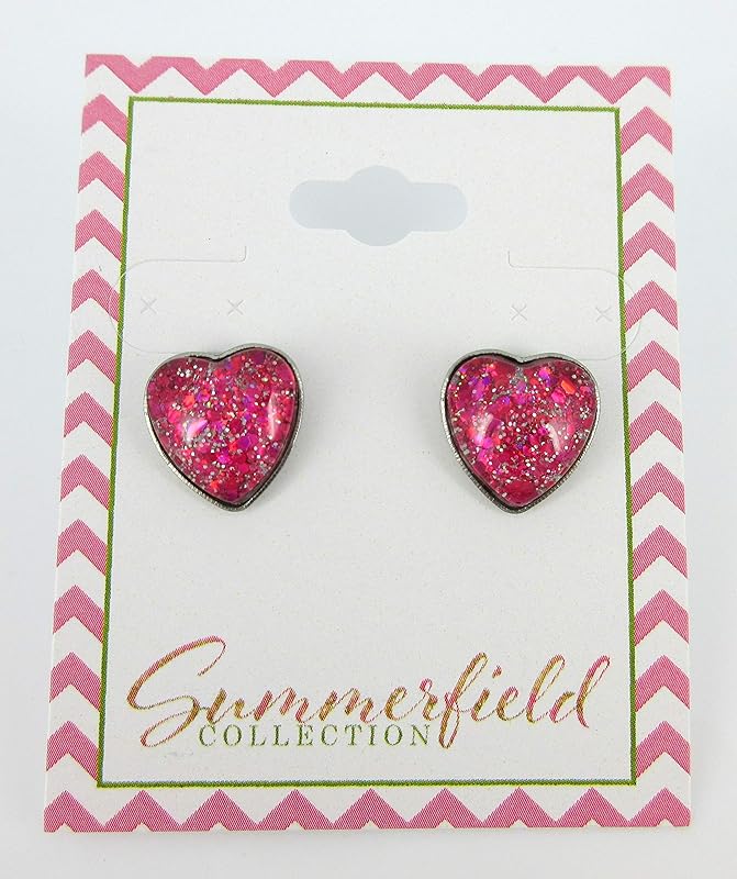 Summerfield Collection Hot Pink Hand-painted Glass Heart Choker Necklace Faux Black Suede Cord Stud Earrings Set
