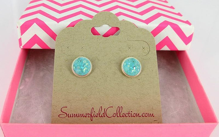 Summerfield Collection Silver-tone Pastel AB Faux Druzy Stone Stud Earrings 8mm (Aqua Blue)