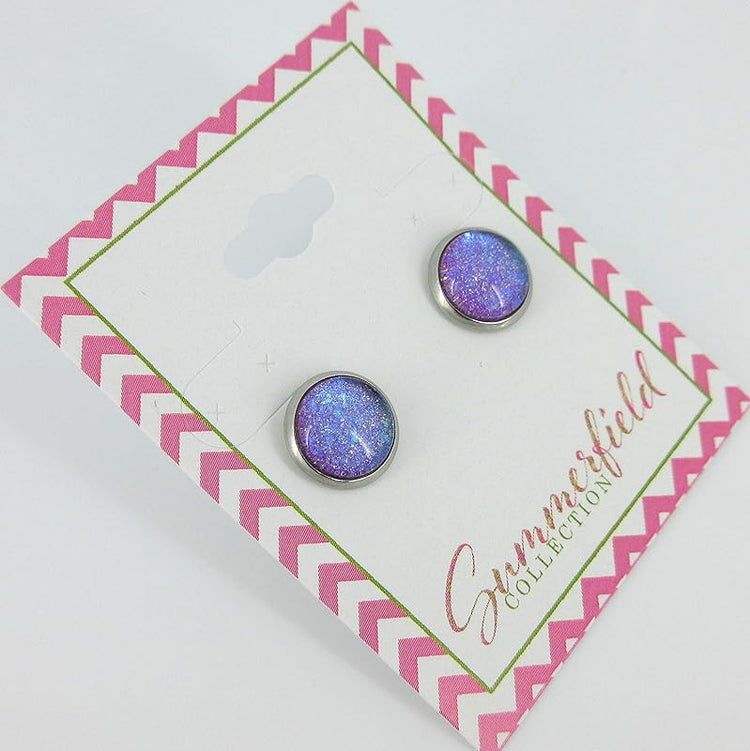 Summerfield Collection Stainless Steel Blue Purple Glitter Glass Stud Earrings Hand-painted 10mm