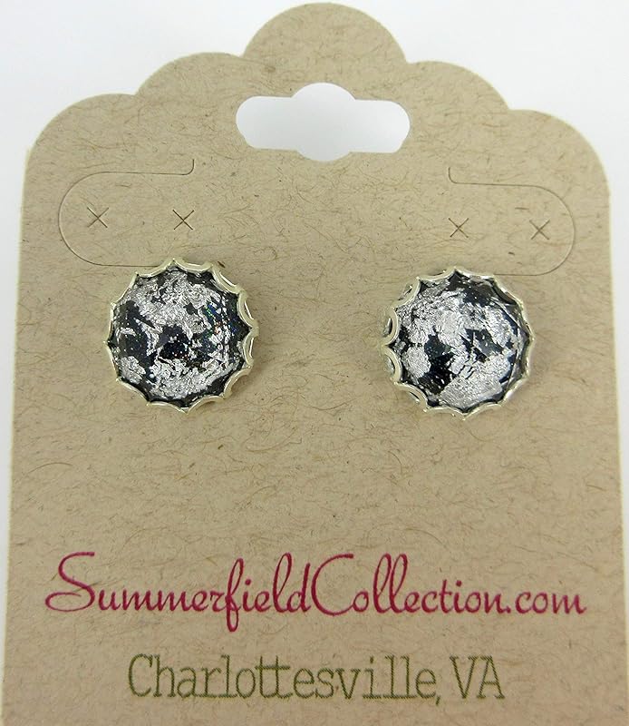 Summerfield Collection Silver Foil Faceted Resin Stud Earrings 12mm (Black)