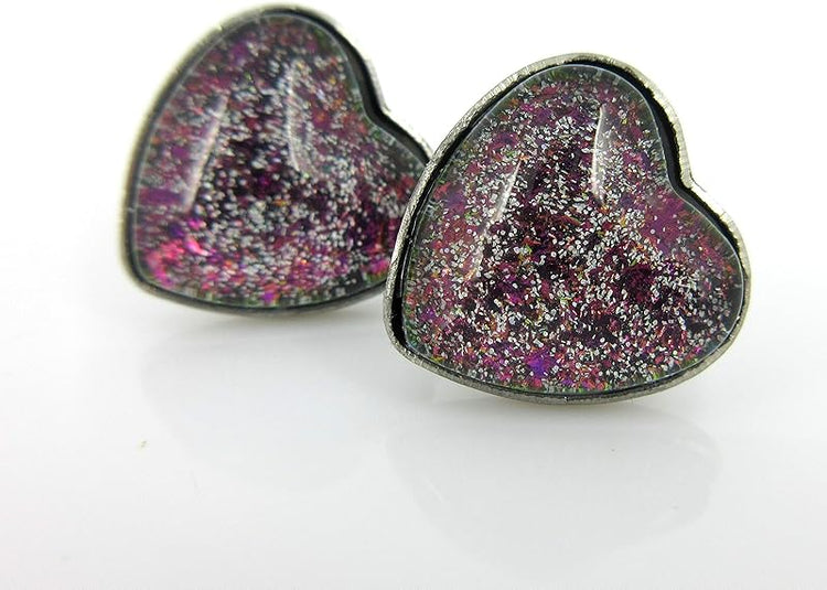 Summerfield Collection Stainless Steel Black and Rainbow Flake Glitter Glass Heart Stud Earrings Hand-painted