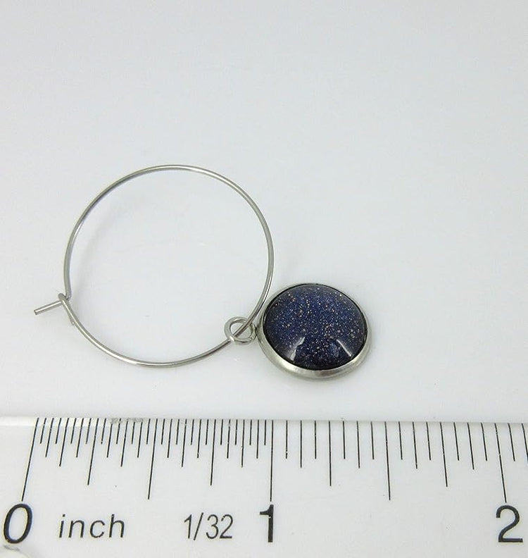 Summerfield Collection Stainless Steel Dark Purple and Gold Glitter Glass Charm Hoop Earrings Hand-painted 1"