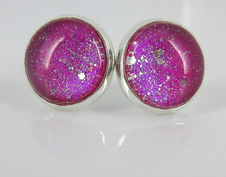 Summerfield Collection Silver-tone Twinkle Glitter Glass Galaxy Stud Earrings Hand-painted 12mm (Magenta Pink)