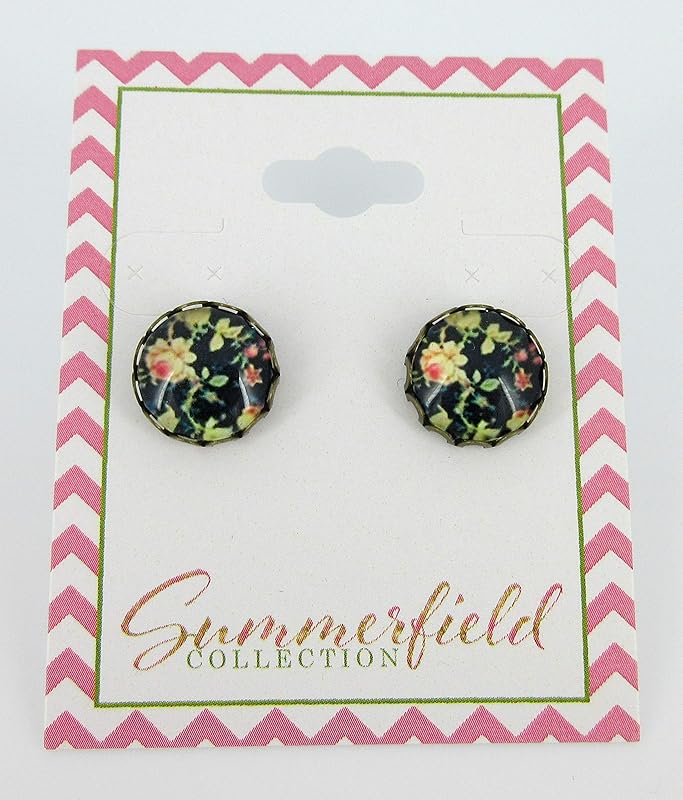 Summerfield Collection Antiqued Gold-tone Black and Pink Flower Print Glass Stud Earrings 12mm