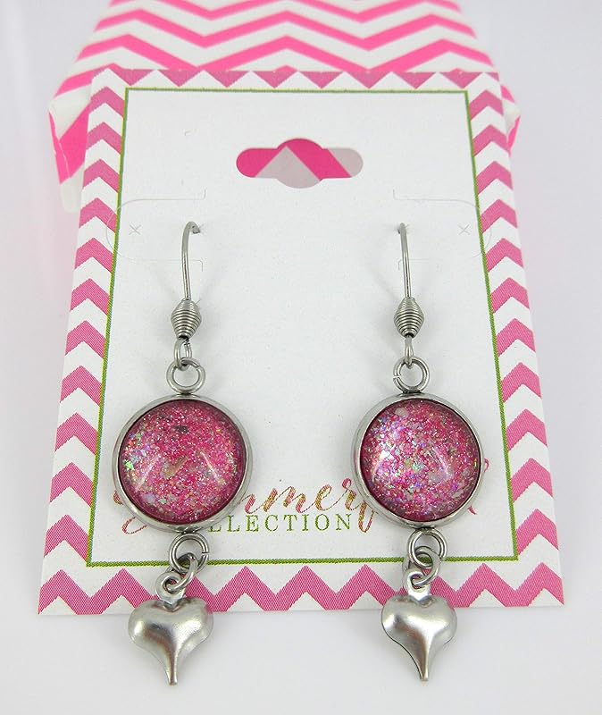 Summerfield Collection Stainless Steel Pink and Iridescent Glitter Flake Glass Heart Charm Dangle Earrings