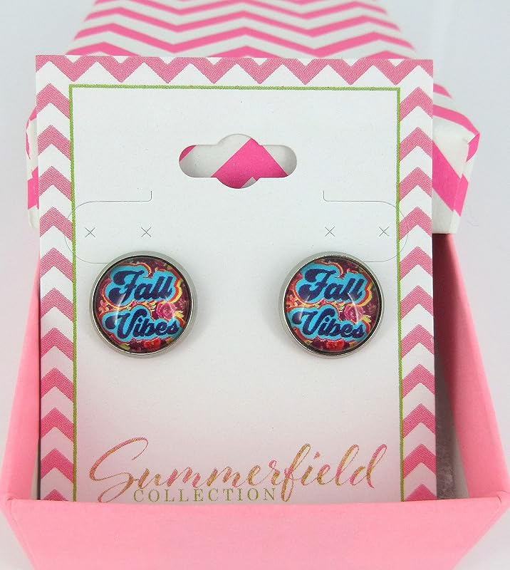 Summerfield Collection Stainless Steel Fall Vibes Print Glass Stud Earrings 12mm