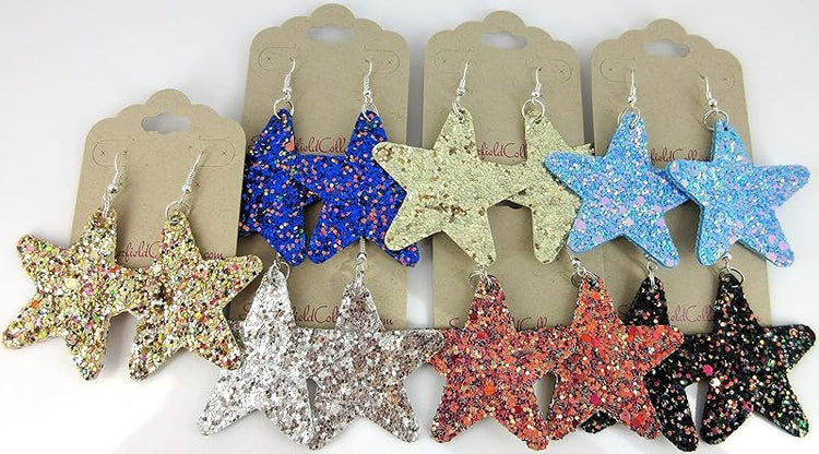 Summerfield Collection Glitter Faux Leather Large Star Dangle Earrings (Gold and Rainbow)