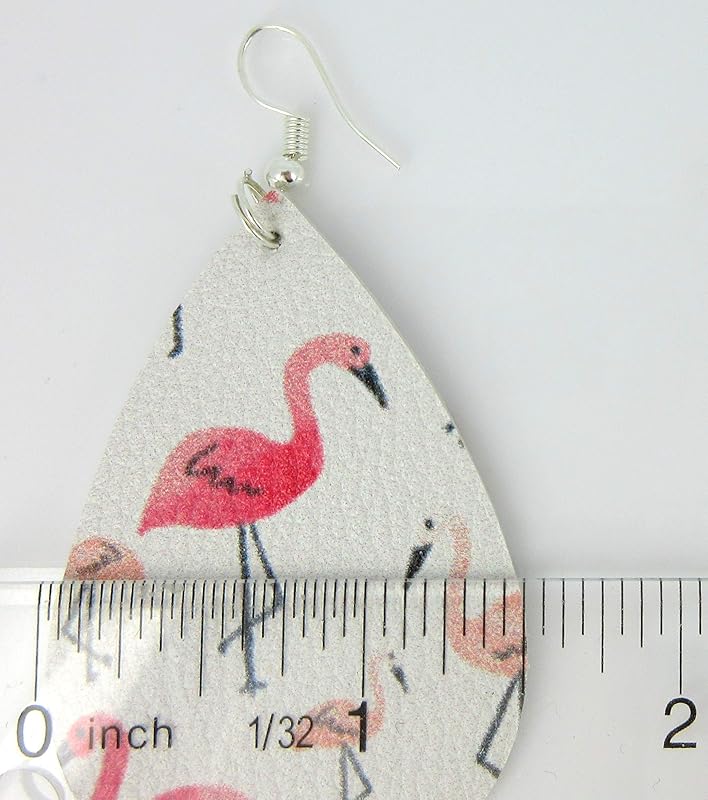 Summerfield Collection White and Pink Flamingo Faux Leather Large Teardrop Dangle Earrings