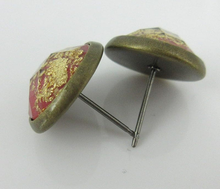 Summerfield Collection Trio Antiqued Gold-tone Leaf Foil Faceted Resin Stud Earrings Set 12mm (Red/Aqua Blue/Purple)