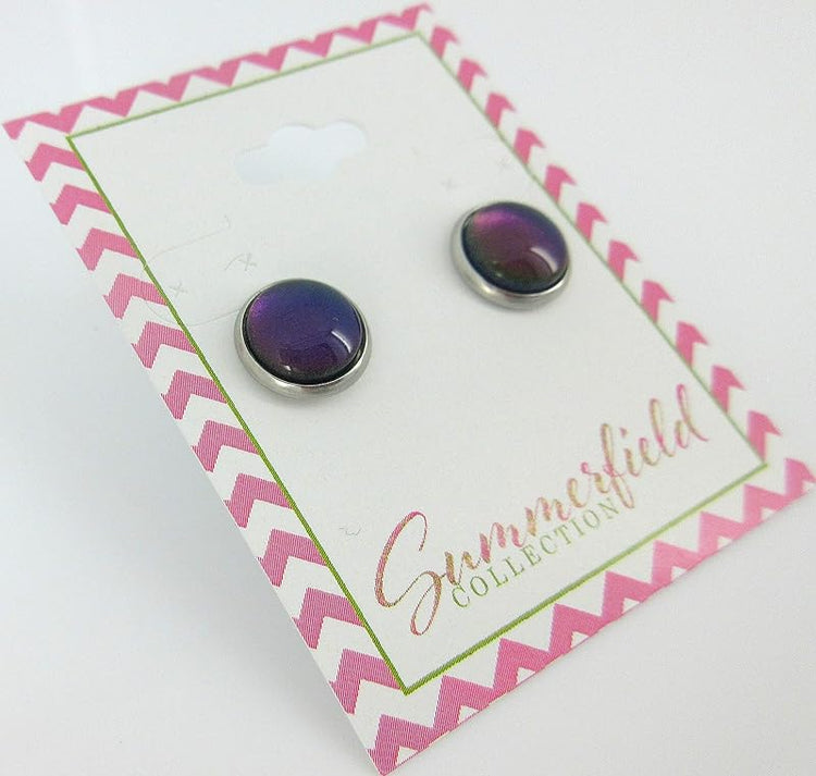 Summerfield Collection Stainless Steel Dark Blue Teal Purple Glass Stud Earrings Hand-painted 10mm