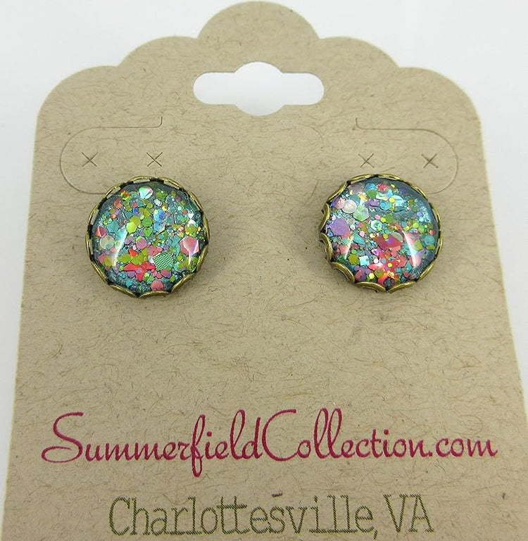 Summerfield Collection Antiqued Gold-tone Aqua Blue and Pink Glitter Glass Stud Earrings Hand-painted 12mm