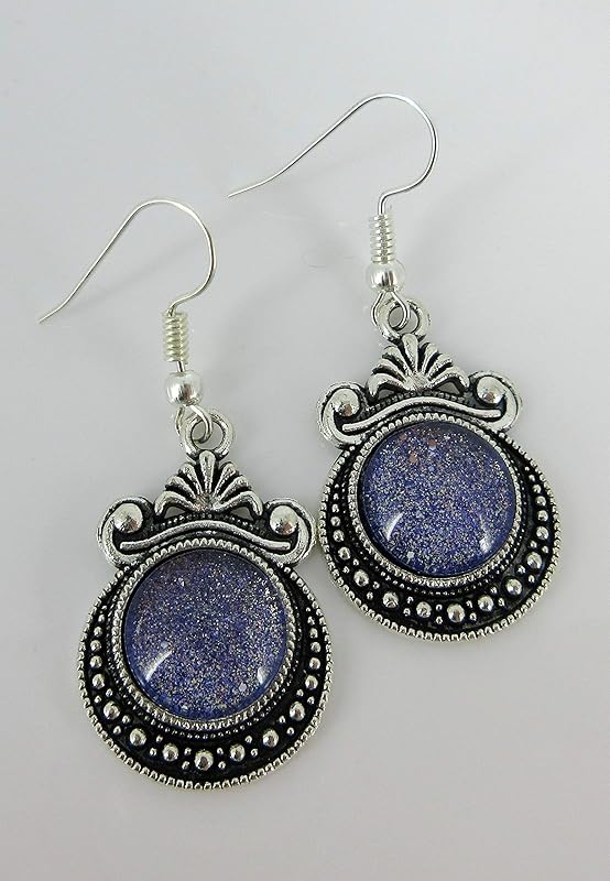 Summerfield Collection Antiqued Silver-tone Purple Gold Black Shimmer Glass Dangle Earrings Hand-painted