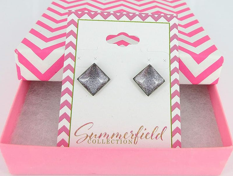 Summerfield Collection Stainless Steel Charcoal Gray Purple Green Glitter Glass Stud Earrings Hand-painted Square 10mm