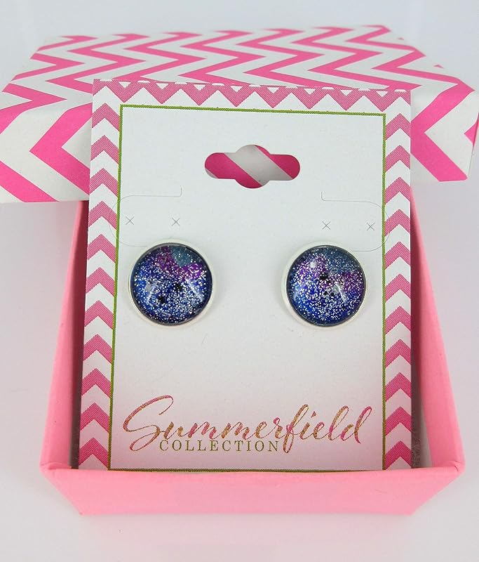 Summerfield Collection Silver-tone Glitter Glass Galaxy 12mm Stud Earrings Blue Purple Teal